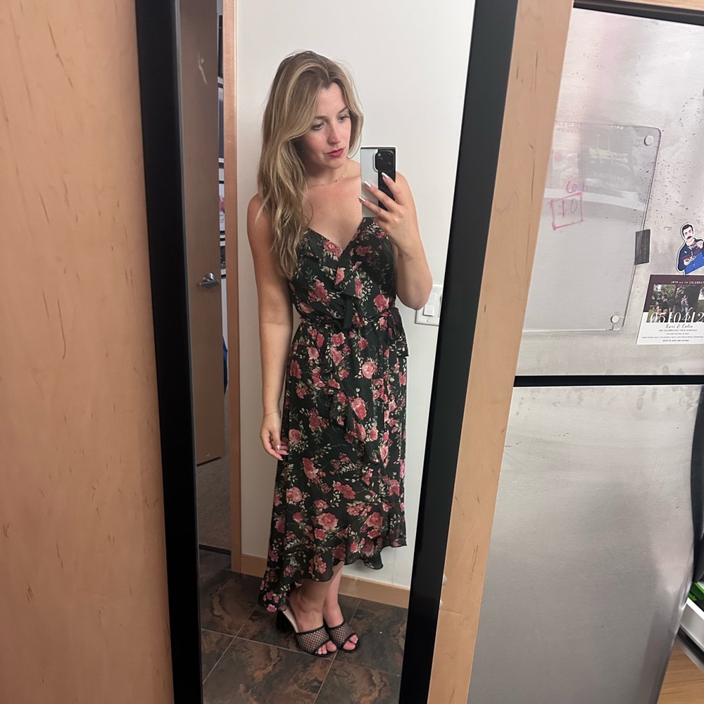 Xhilaration Black Pink Floral Ruffle Midi Dress | Size Medium